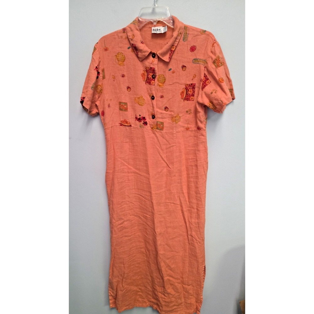 VTG Kiko Linen Dress Sm Button Top Collar Maxi Lagenlook Y2K Orange Graphic